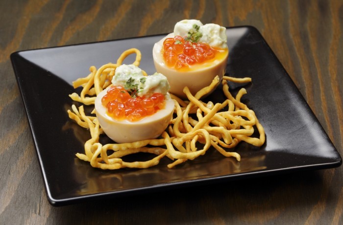 味付き玉子 いくら添え　$6.00<br />Flavored soft-boiled Egg topped with Ikura